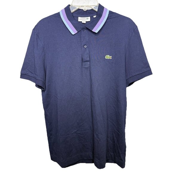 Lacoste Mens Medium Navy Polo Shirt Blue Purple Stripe Collar Regular Fit Cotton - Picture 1 of 7